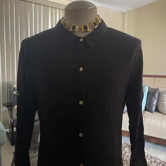 MICHAEL Michael Kors Black Collared Button Down Shirt Preppy Academia Size Large - Picture 1 of 12